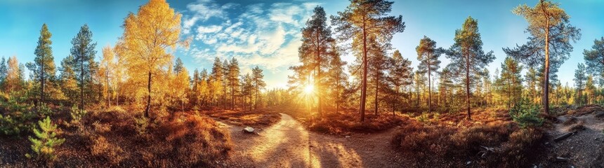 Fototapeta premium An autumnal park path in the morning, with a beautiful panoramic view.