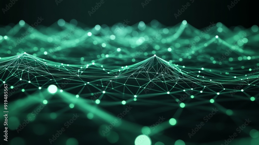 Poster data visualization with a green abstract background and lines and dots of different colors. it is re