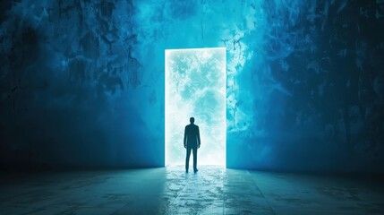 Obraz premium Silhouette of a person standing in front of a glowing doorway, symbolizing new beginnings, opportunities, and unknown future.