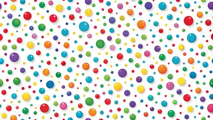 Whimsical white background featuring a mess of colorful, irregularly-shaped polka dots in various sizes, creating a playful and lively visual atmosphere.
