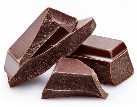 Dark chocolate chunks isolated on white background. Broken smooth Chocolate pieces closeup.