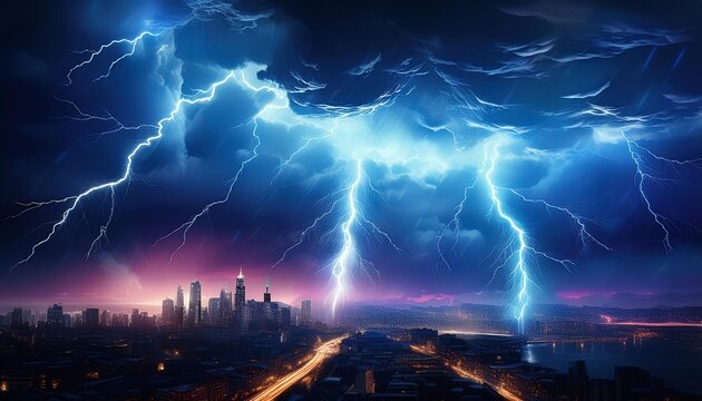 dramatic lightning bolt striking dark storm clouds electric blue glow illuminating sky silhouette of city skyline below - Powered by Adobe