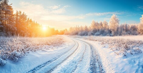 Obraz premium The sunrise on the country snowy road is so beautiful in the morning.