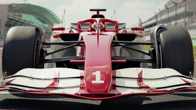 Front view of a generic formula one race car rolling into pole position. 3D animation rendering
