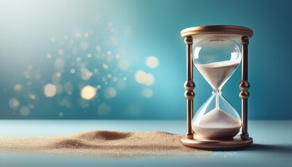 elegant hourglass with shimmering sand against dreamy pastel blue background time concept soft lighting