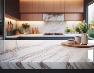 elegant marble countertop with subtle veining photographed in soft focus blurred modern kitchen background creates depth showcasing luxury interior design and sophisticated home decor