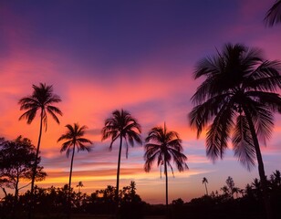 Obraz premium elegant silhouettes of various palm trees against a vibrant sunset sky gradients of orange pink and purple create a tropical paradise atmosphere with striking contrast