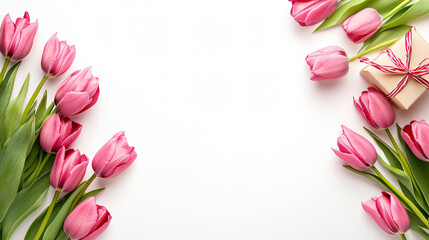 Elegant March 8 Card Design with Tulips and Gift on White Background