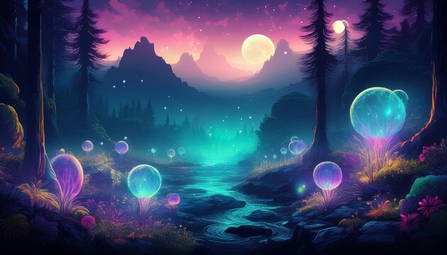 enchanted bioluminescent forest at twilight floating magical orbs ethereal mist otherworldly flora moonlit mountain silhouettes - Powered by Adobe