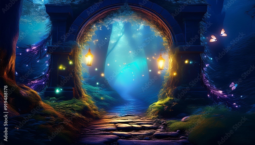 Wall mural enchanted stone archway covered in bioluminescent vines leading into a misty fairy tale forest bathe
