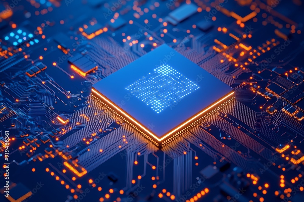 Poster an abstract background of a quantum processor with a light source on a circuit board.