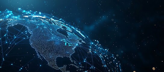 Abstract blue globe with glowing network lines and dots, representing connections and data flow, with a focus on North America.