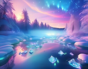 Obraz premium enchanted winter wonderland with bioluminescent snow crystals ethereal mist and otherworldly ice formations soft dreamy color palette with hints of pastel auroras