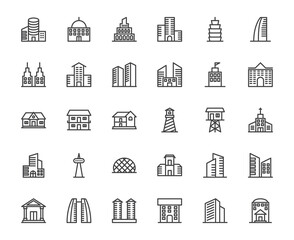 Vector building outline icon set with related thing, real estate and apartment or office for rent or sell concept, editable stroke 48x48 pixel perfect icon, on transparent background