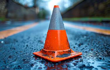Wet orange traffic cone on a rainy road in a suburban area.