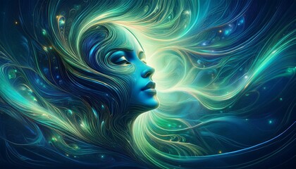 Obraz premium ethereal ai face emerging from swirling blue and green light streams mysterious otherworldly atmosphere intricate patterns depth and futuristic aesthetic