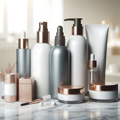 A high-resolution realistic cosmetic bottles composition blank mockup.