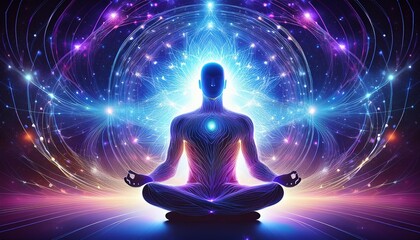 ethereal human silhouette with luminous neural network overlay meditating amidst swirling cosmic energies bridging realms of consciousness