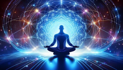 ethereal human silhouette with luminous neural network overlay meditating amidst swirling cosmic energies bridging realms of consciousness