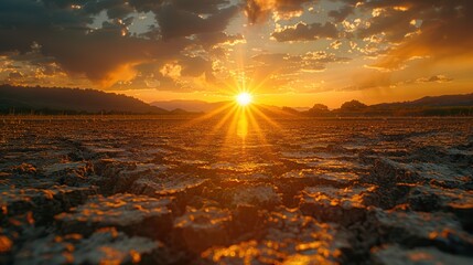 Sunset over cracked earth with mountains in the background