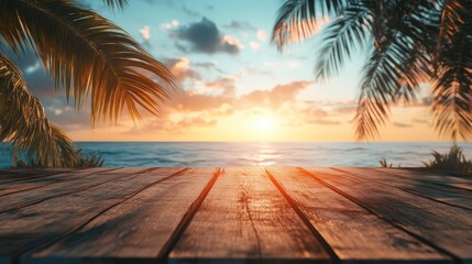 Tropical summer sunset beach bar background. Empty stage of wooden table top product showcase. The generation of AI