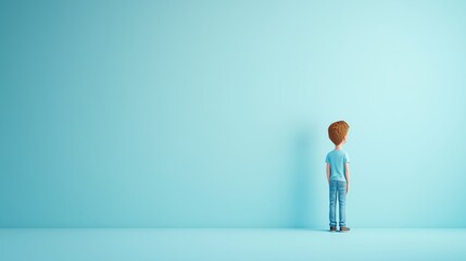 Obraz premium A young boy stands quietly against a light blue wall in a minimalist room