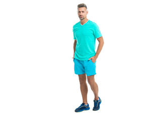 fit man wearing fitness clothes isolated on white, full length. Handsome man doing sport in fitness studio. fitness working out in the gym of man training. full length of fitness man after exercising