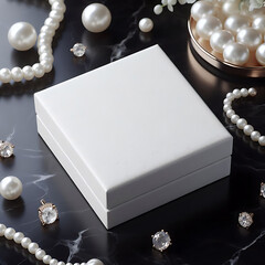 A high-resolution realistic pearl white jewelry box blank mockup placed on a shiny black marble countertop with subtle pearly jewels aesthetics.