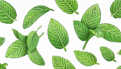 Naklejka premium Falling mint leaves, spearmint, isolated on white background. Set Fresh mint plant. Pattern. Collection.