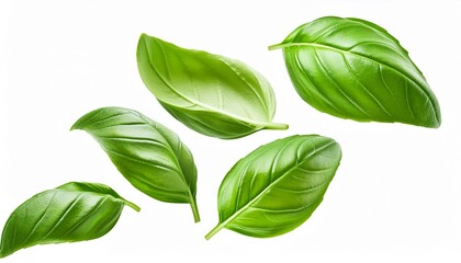 Flying Fresh basil herb leaves isolated on white background. Top view. Flat lay.