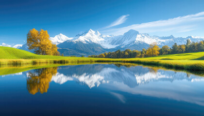 Fototapeta premium A stunning mountain landscape reflected in a serene lake, featuring vibrant autumn trees and a clear blue sky.