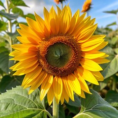 Obraz premium A Captivating Bold Sunflower with Lush Green Leaves Perfect for Nature and Gardening Enthusiasts