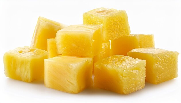 Fresh pineapple cube slices isolated on the white background. Pineapple chunks close up.
