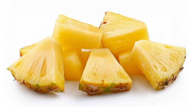 Fresh pineapple cube slices isolated on the white background. Pineapple chunks close up.