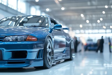 Obraz premium Blue Sport Car in a Showroom
