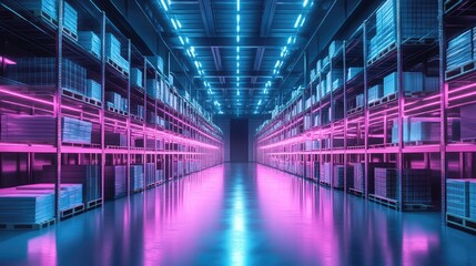 Fototapeta premium Warehouse interior with LED lighting, industrial building, distribution retail center, part of storage and shipping system. The generation of AI