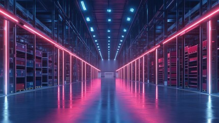 Fototapeta premium Warehouse interior with LED lighting, industrial building, distribution retail center, part of storage and shipping system. The generation of AI