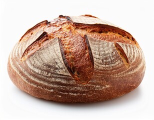 Freshly baked bread isolated on white background. Rustic wholegrain bread, round shape