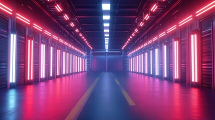 Fototapeta premium Warehouse interior with LED lighting, industrial building, distribution retail center, part of storage and shipping system. The generation of AI