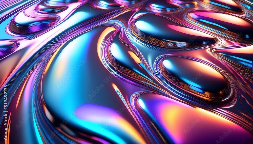 Sticker futuristic chrome surface with liquid metal effect iridescent highlights creating a dynamic and refl