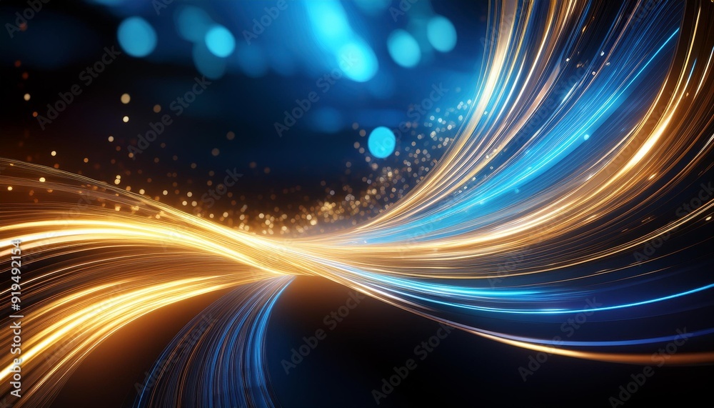 Sticker futuristic abstract composition of gold and blue neon waves dynamic light trails and bokeh effects c