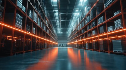 Obraz premium Warehouse interior with LED lighting, industrial building, distribution retail center, part of storage and shipping system. The generation of AI