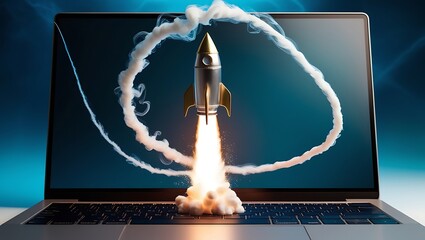 Launching Space Rocket From Laptop Screen.