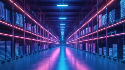 Obraz premium Warehouse interior with LED lighting, industrial building, distribution retail center, part of storage and shipping system. The generation of AI