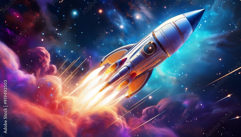 Wall mural futuristic space rocket soaring through vibrant clouds sleek design with glowing engines against a b
