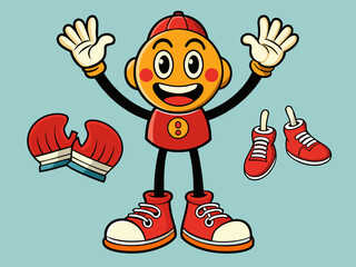 Retro leg, hand and face. Comic groovy hands in gloves, vintage legs and foot in shoes and funny emotion. Different poses arm and feet. Body parts mascot. Vector set
