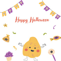 Childrens Halloween party cute card template. Cartoon characters pumkins in halloween holiday costume and spooky sweets. Cute monsters for autumn fall holidays party.