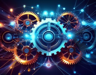 futuristic visualization of crm concept glowing technological gears interlock to form abstract network representing data flow and connectivity