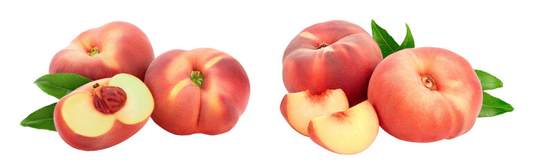 Ripe chinese flat peach fruit with leaf isolated on white background with full depth of field