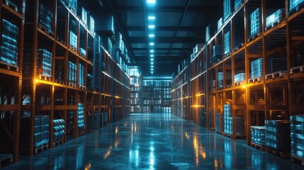 Fototapeta premium Warehouse interior with LED lighting, industrial building, distribution retail center, part of storage and shipping system. The generation of AI